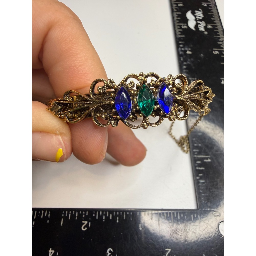 Gold Tone Filigree Hinged Bangle Bracelet Blue Green Faux Gemstones Safety Chain